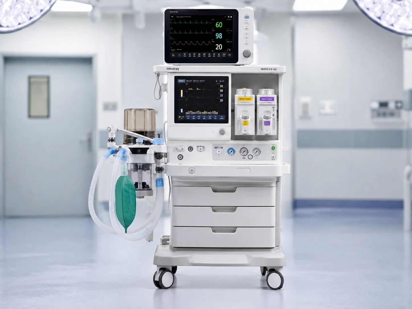 Anaesthesia and airway devices including a video laryngoscope, anaesthesia machine, breathing circui