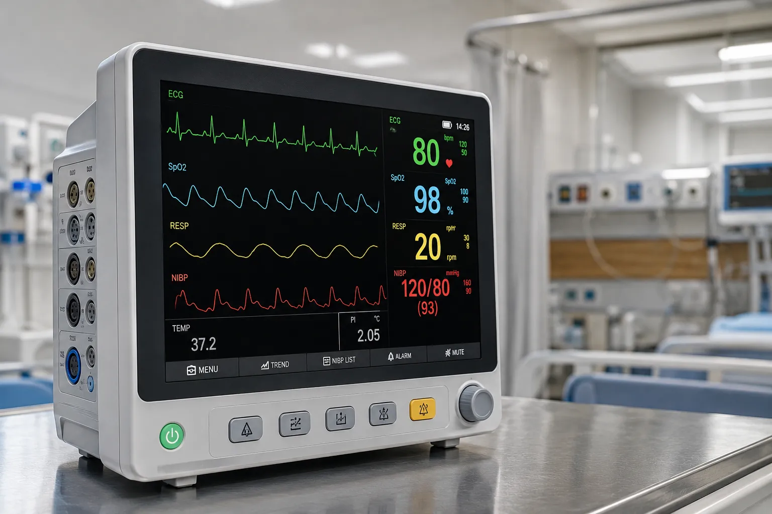 Medical monitoring devices including a multiparameter monitor, pulse oximeter, ECG monitor and centr