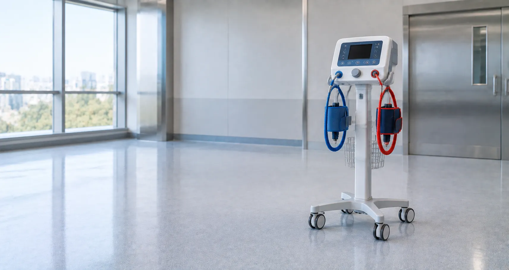 Pneumatic surgical tourniquet control unit with an inflated contoured cuff on a patient's thigh duri