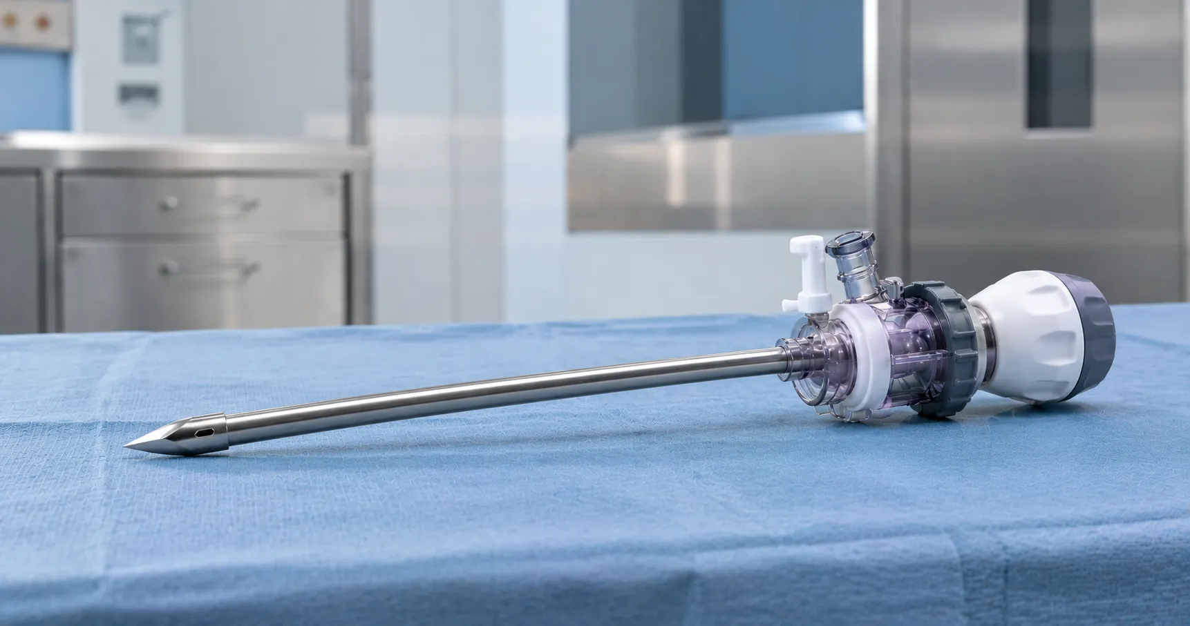 Set of laparoscopic trocars and cannulas of different diameters laid out sterile on a theatre trolle