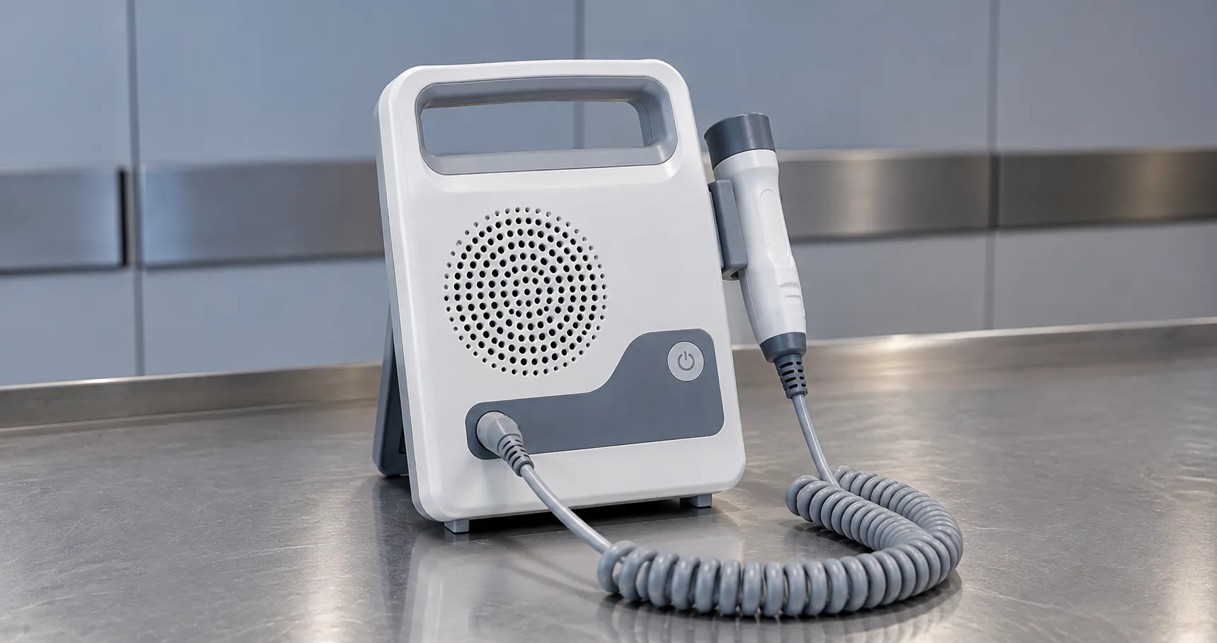 Clinician holding a handheld vascular Doppler probe over a patient's foot to check peripheral artery