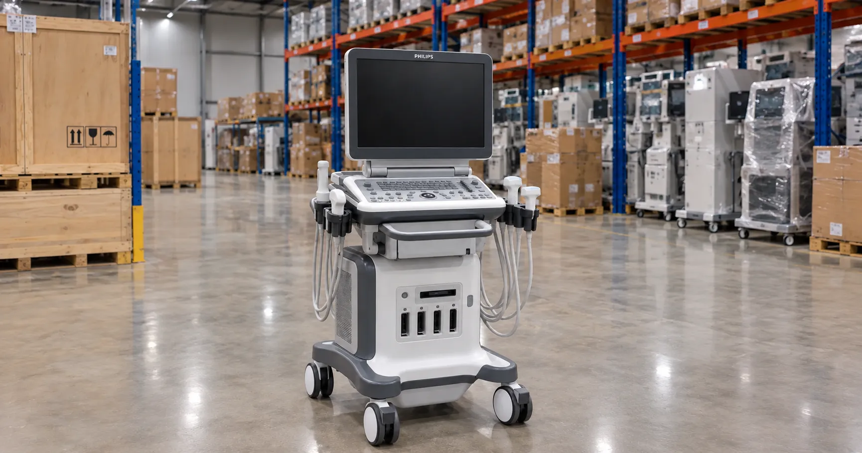 Sonographer performing a standing venous reflux duplex study on a patient's leg to map failed valves