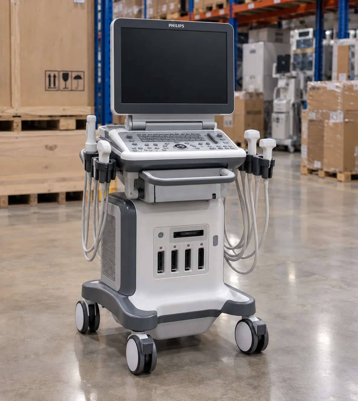 Sonographer performing a standing venous reflux duplex study on a patient's leg to map failed valves