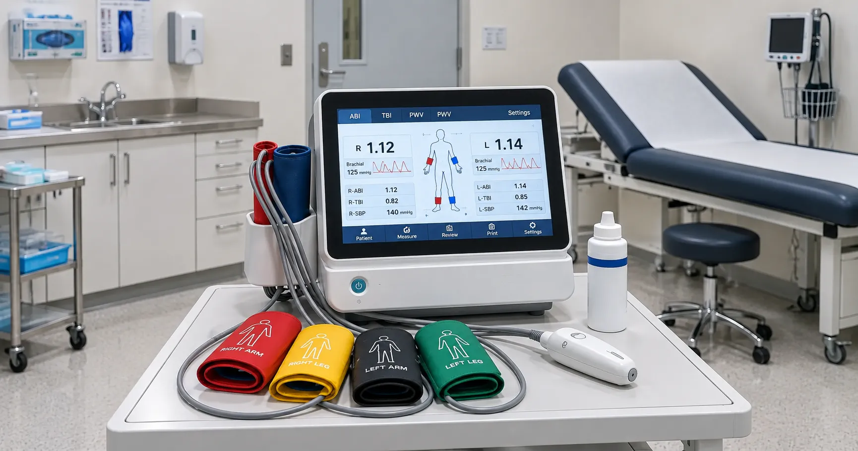 Clinician measuring ankle blood pressure with a cuff and Doppler probe to calculate a patient's ankl