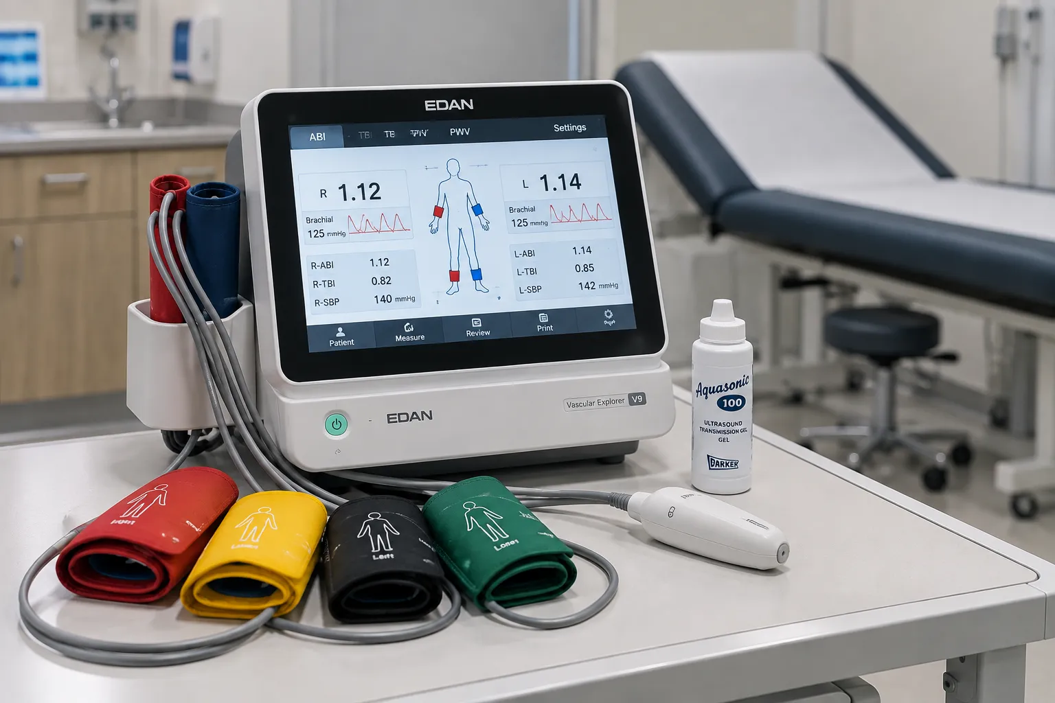Clinician measuring ankle blood pressure with a cuff and Doppler probe to calculate a patient's ankl