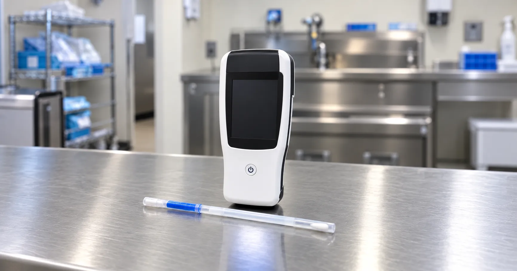 Technician holding a handheld luminometer displaying an RLU value after swabbing a hospital surface 