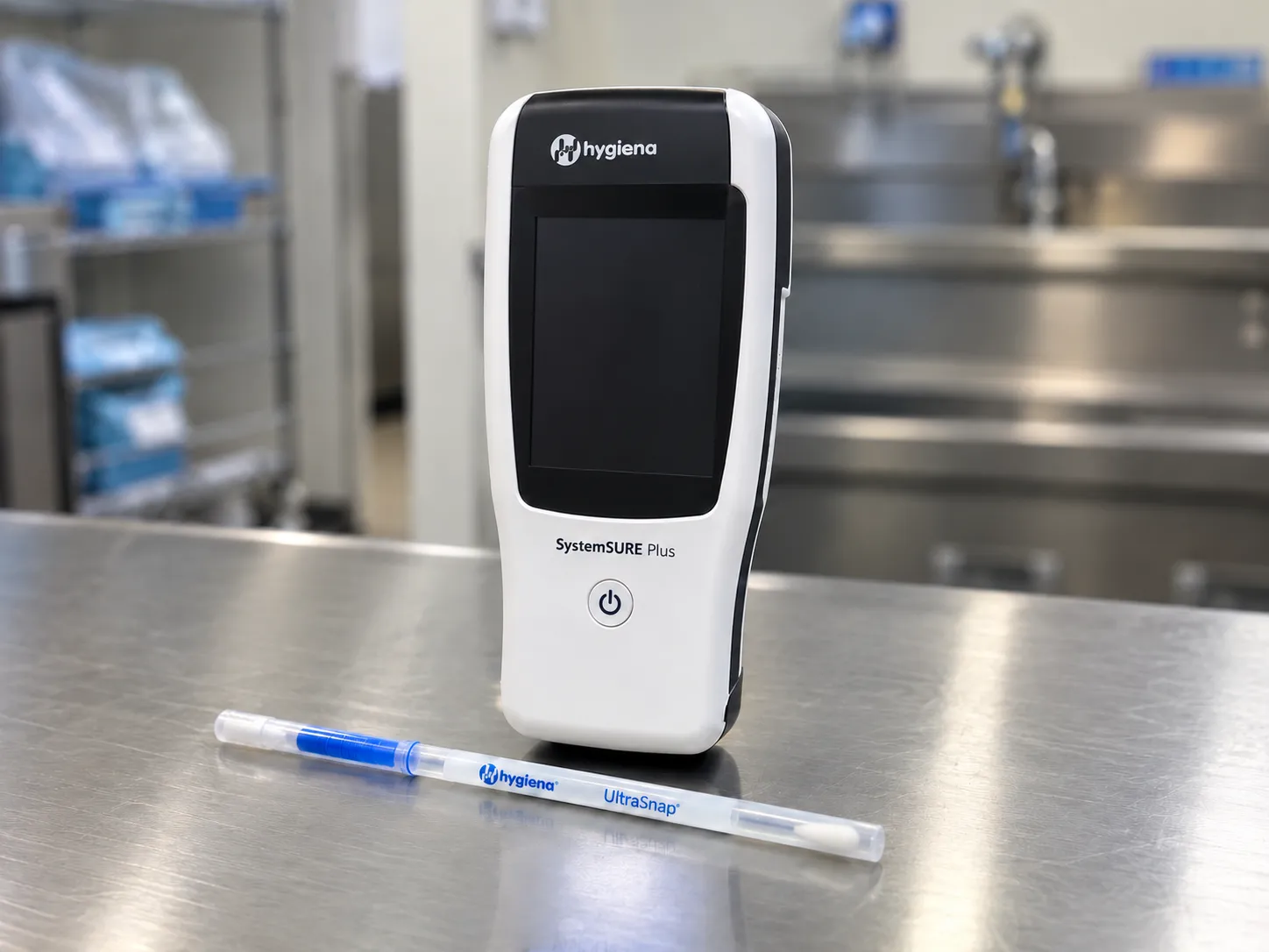 Technician holding a handheld luminometer displaying an RLU value after swabbing a hospital surface 