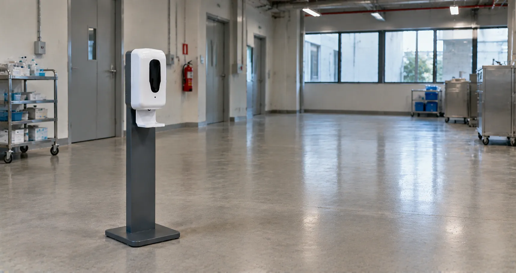 Wall-mounted touch-free hand sanitiser dispenser releasing a measured dose in a hospital corridor