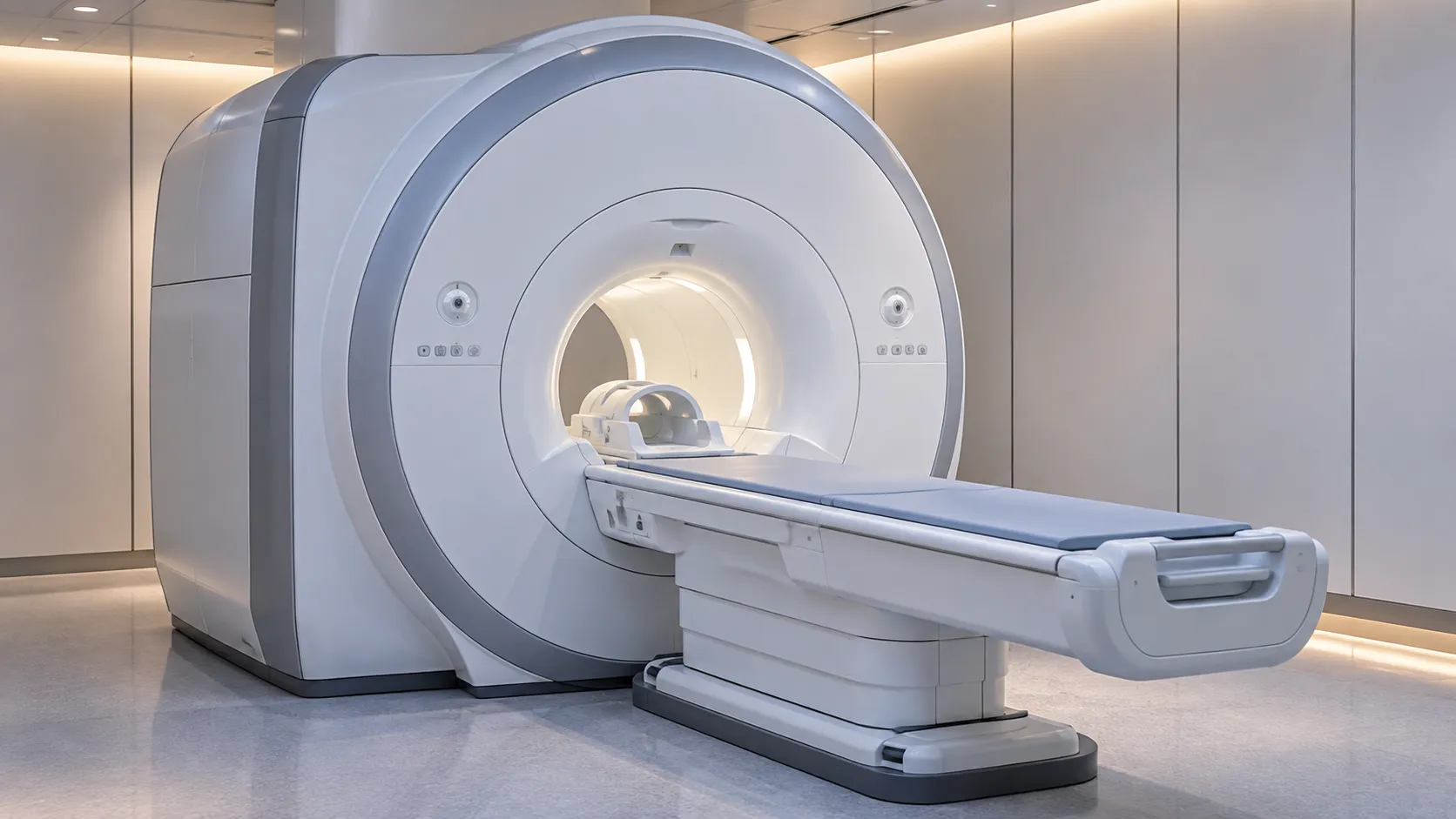 Cardiac MRI scanner with patient table in a shielded suite used for cardiovascular magnetic resonanc