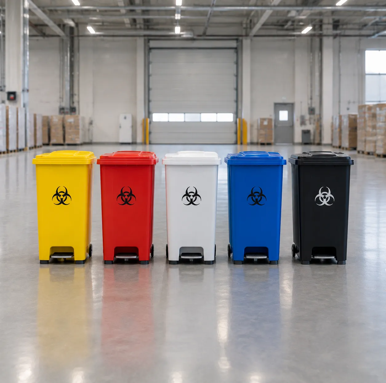 Colour-coded clinical waste bins with yellow, orange and tiger-stripe bags lined up in a hospital ut