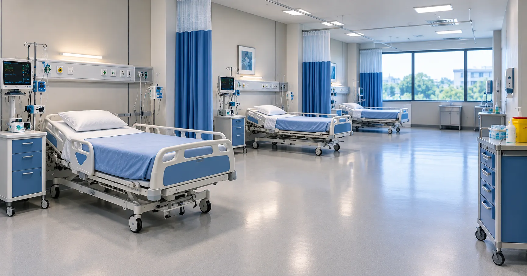 Hospital bay with spaced beds mobile clinical screens and cubicle curtains set up for cohort nursing