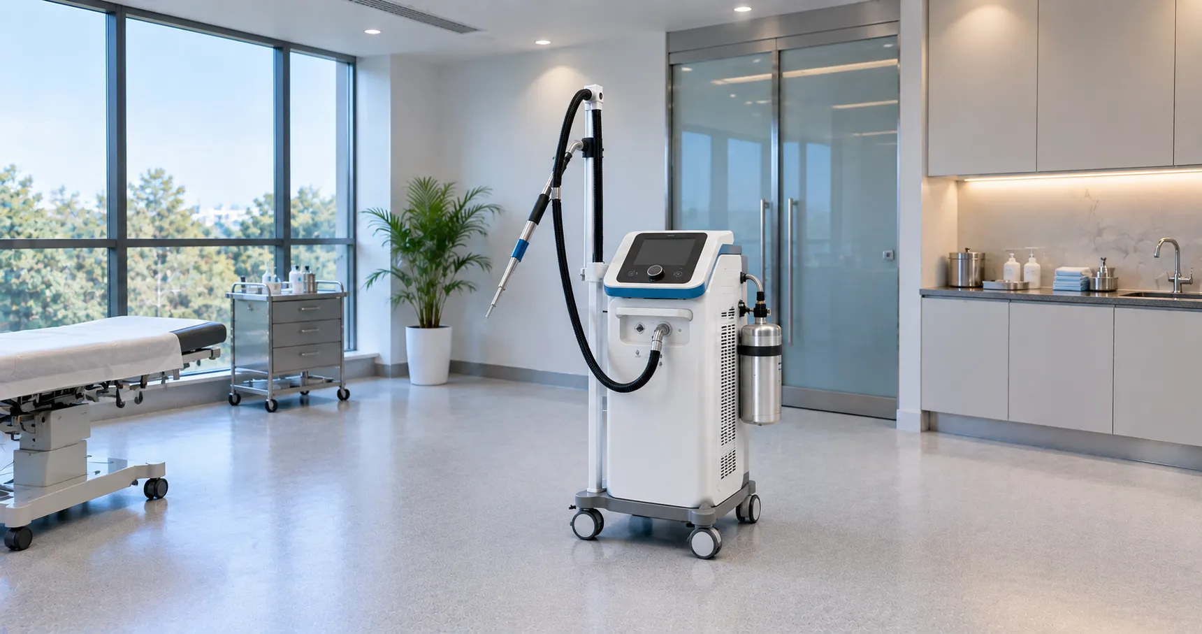Clinician applying a cryoprobe to freeze a targeted lesion, forming a visible ice ball during a cryo