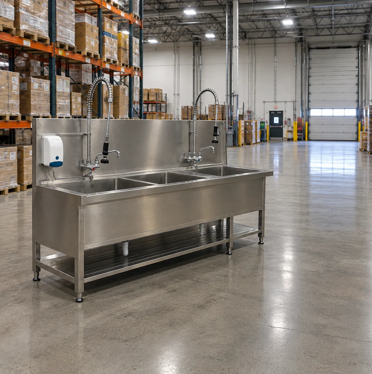 Stainless steel double-bowl instrument decontamination sink with surgical instruments soaking in det