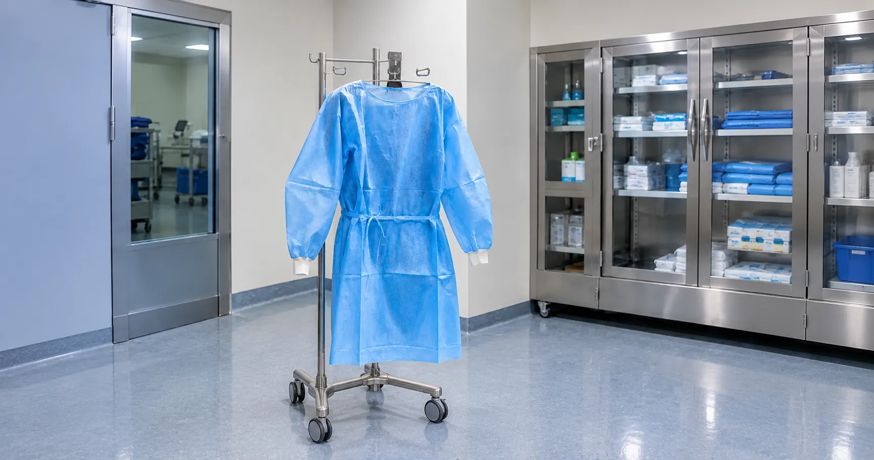 Nurse wearing a fluid-resistant isolation gown with knitted cuffs and gloves in a hospital isolation