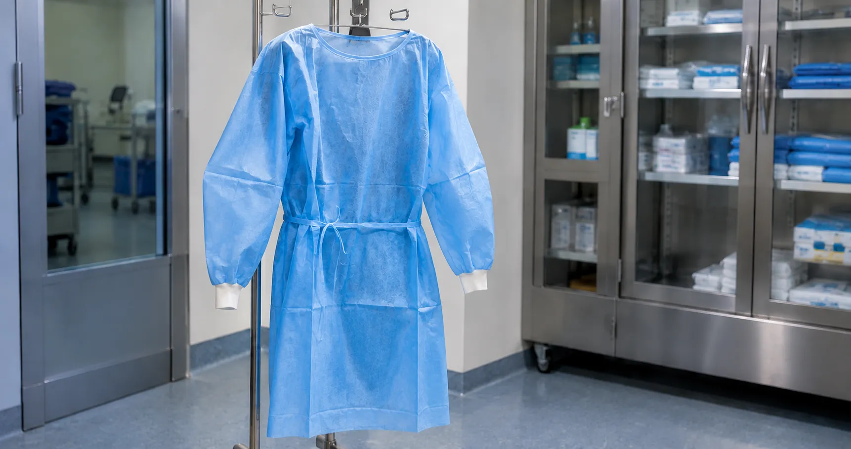 Nurse wearing a fluid-resistant isolation gown with knitted cuffs and gloves in a hospital isolation