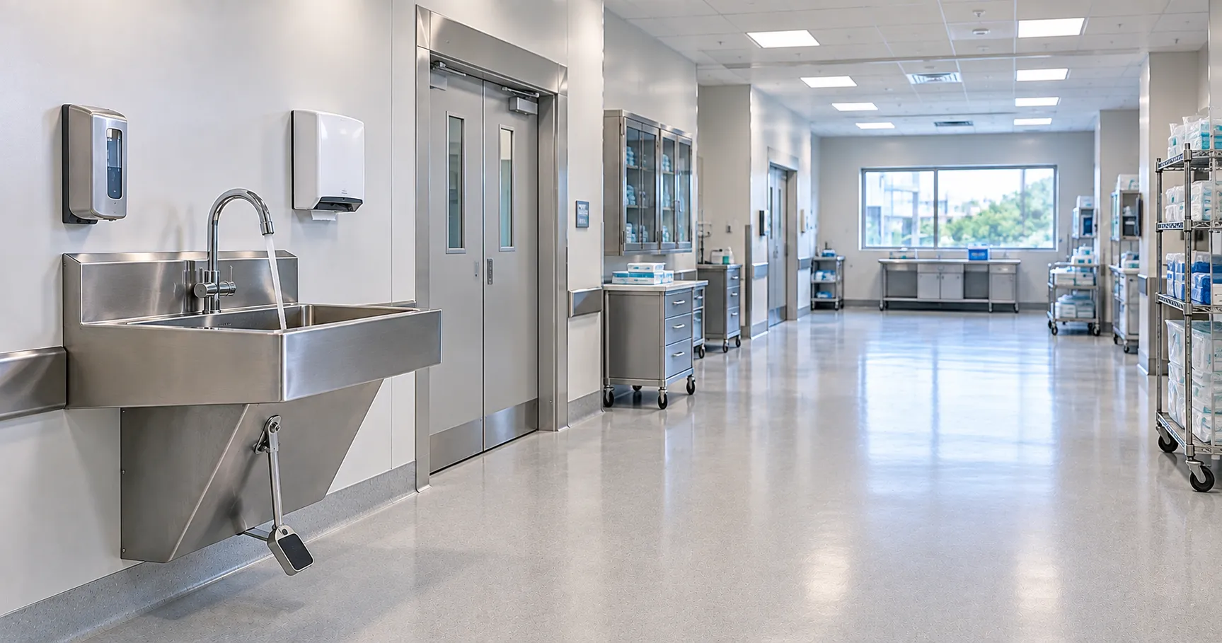 Stainless steel knee-operated mixer tap with under-basin push panel at a clinical hand-wash basin in