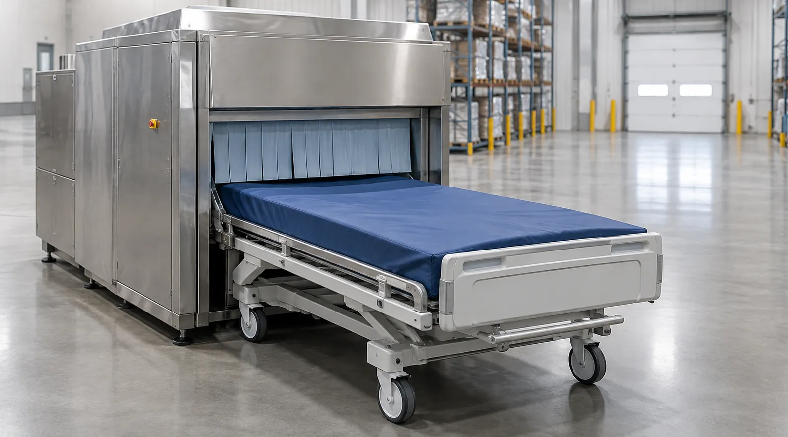 Hospital mattress with the waterproof cover unzipped for inspection of the foam core during a decont