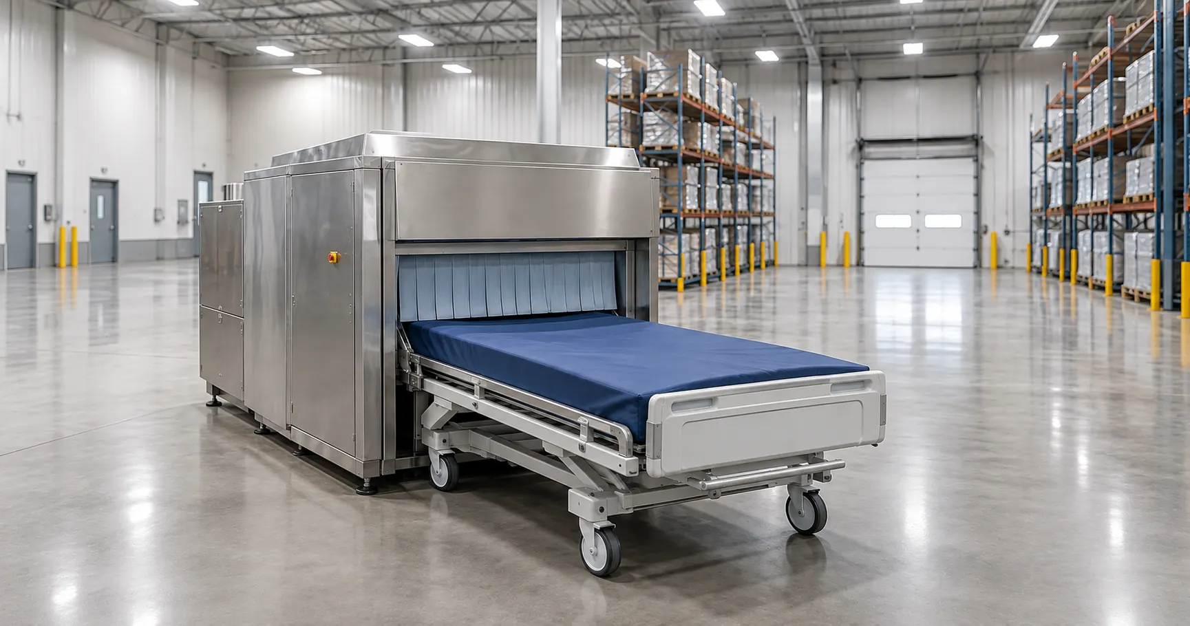 Hospital mattress with the waterproof cover unzipped for inspection of the foam core during a decont