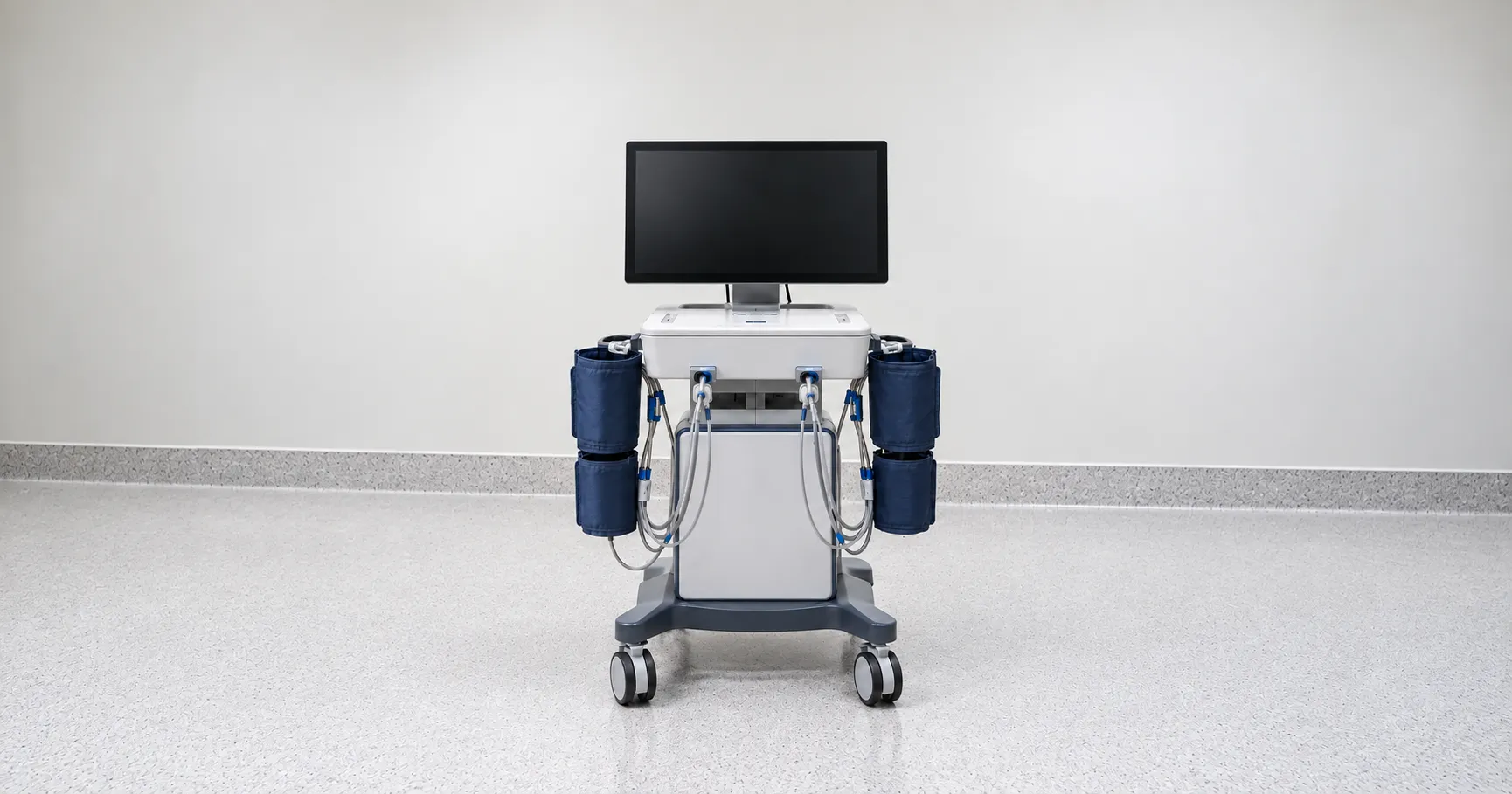 Air plethysmography cuff on a patient's calf measuring venous volume change during standing and toe-