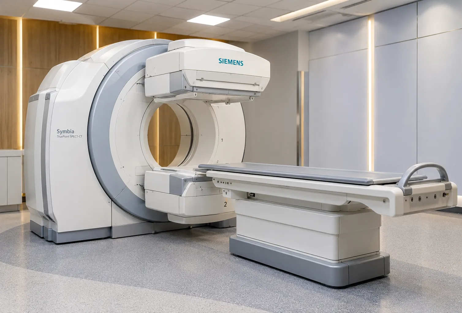 SPECT imaging reconstruction showing short-axis myocardial perfusion slices of the heart on a nuclea