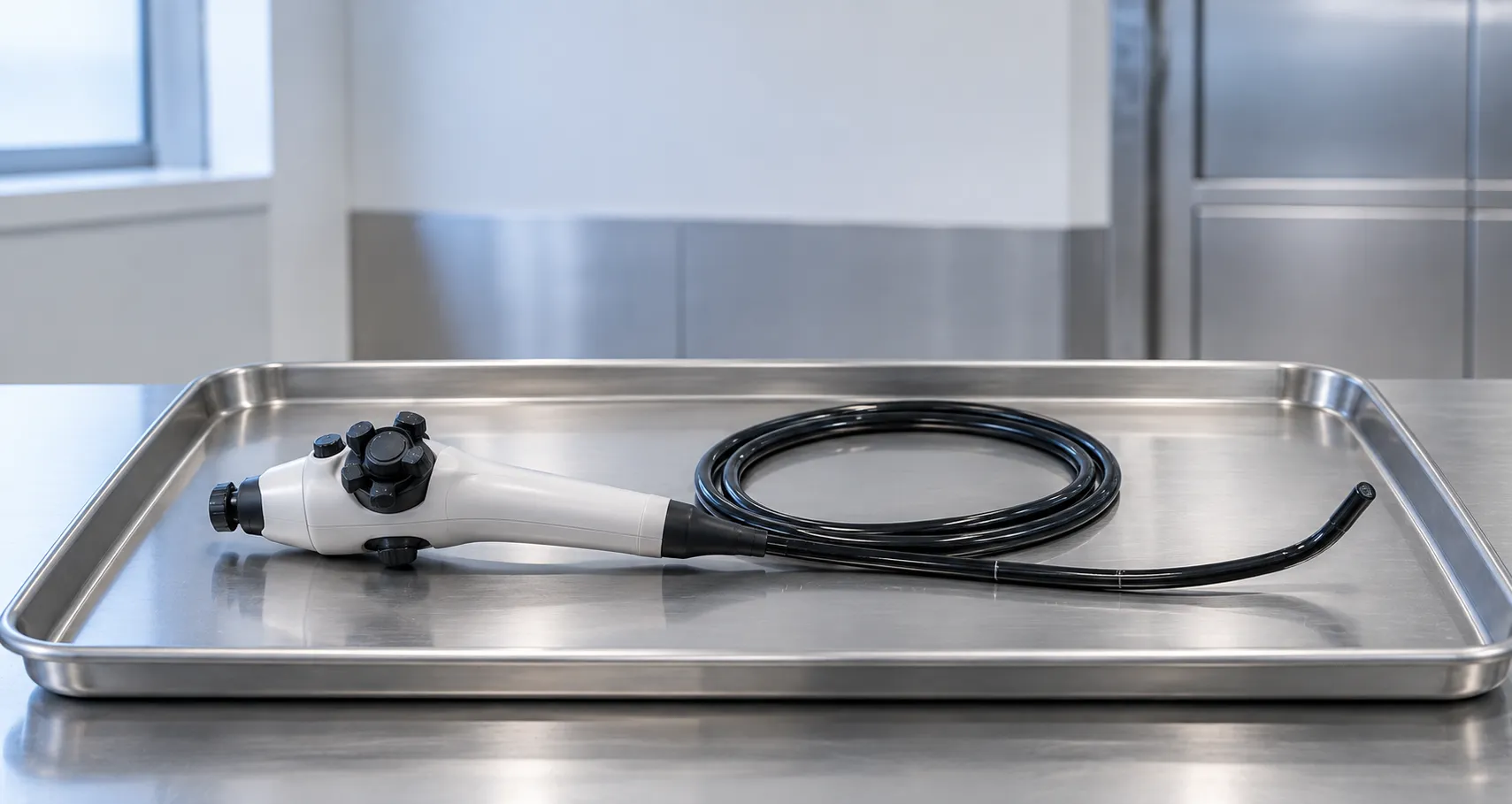 Transoesophageal echo probe with flexible shaft and articulating tip beside an echocardiography cons