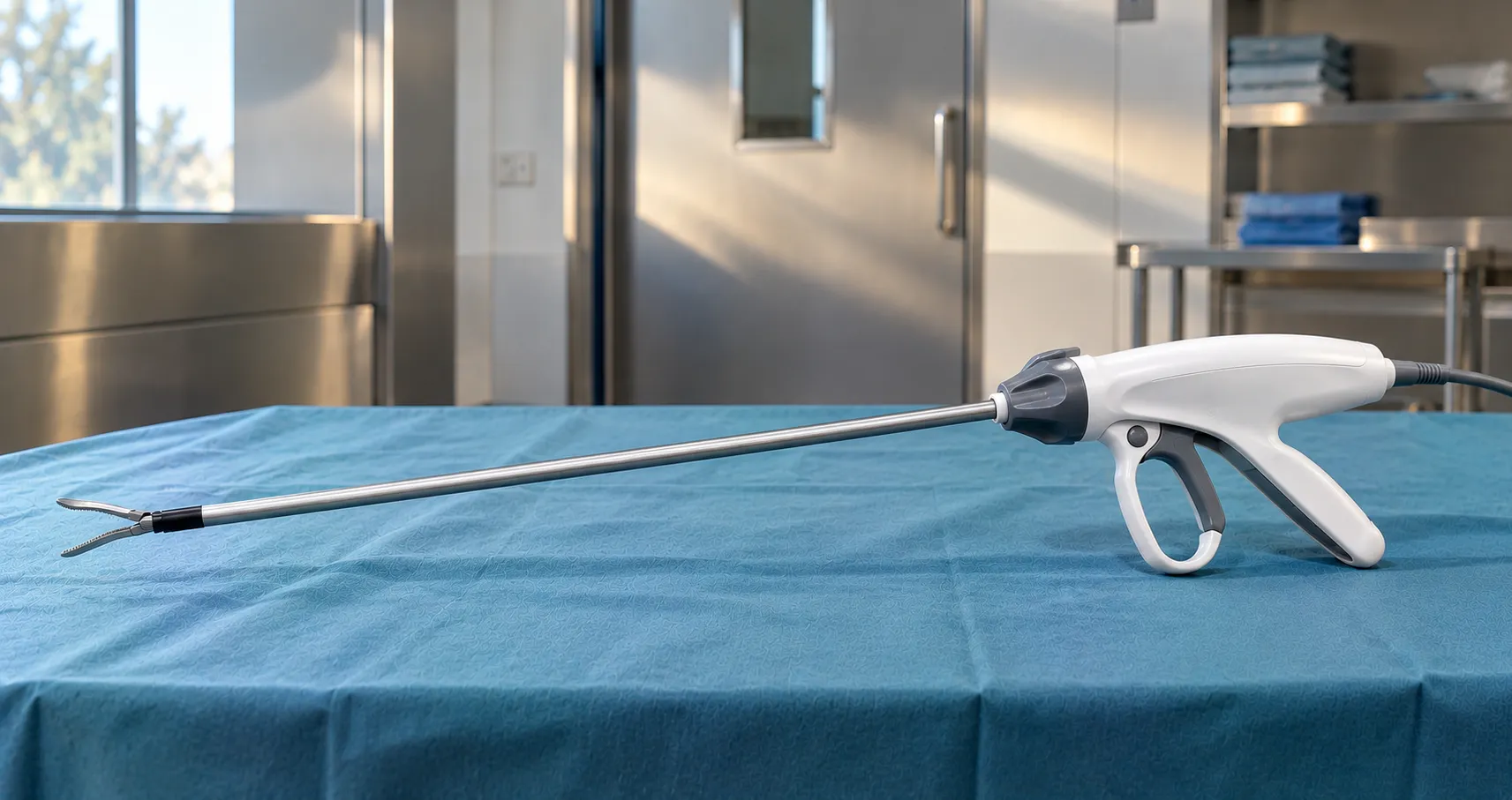 Surgeon dividing tissue with laparoscopic ultrasonic shears connected to a generator during a minima